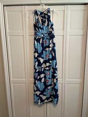 Japna Navy Maxi Dress with Light Blue, White & Red Floral Print